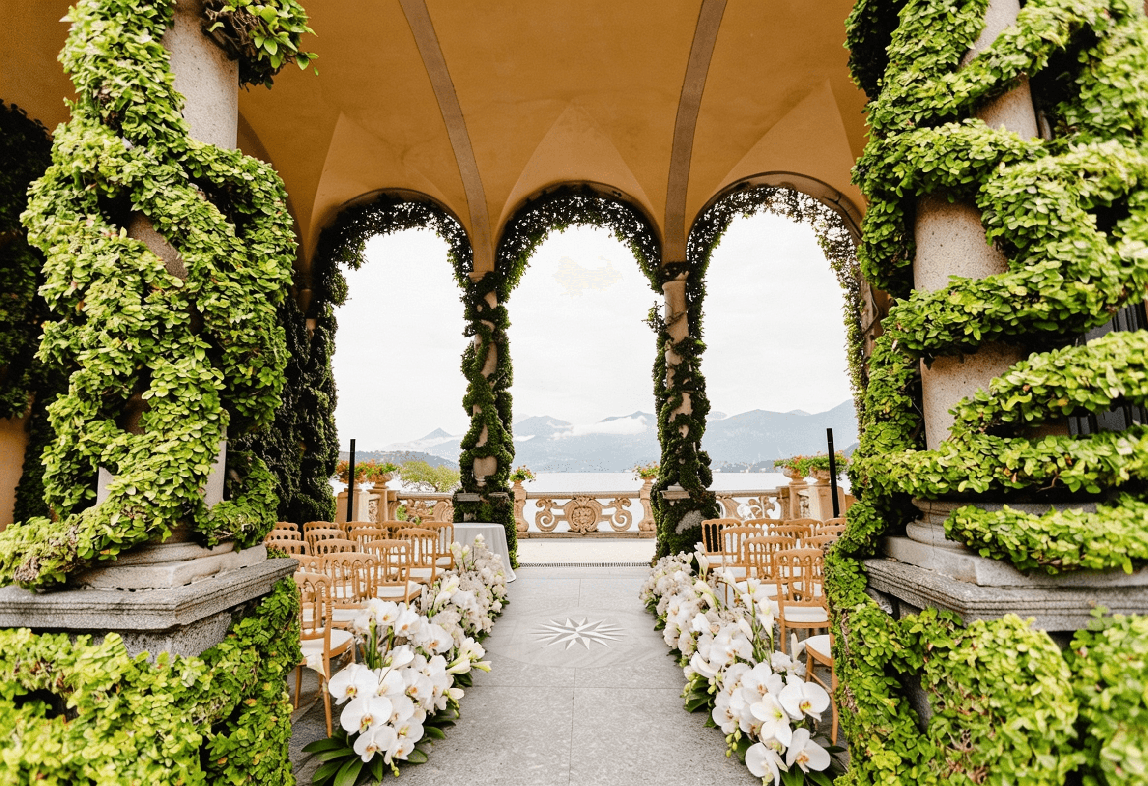 Corridoio cerimonia con orchidee bianche, Lago di Como